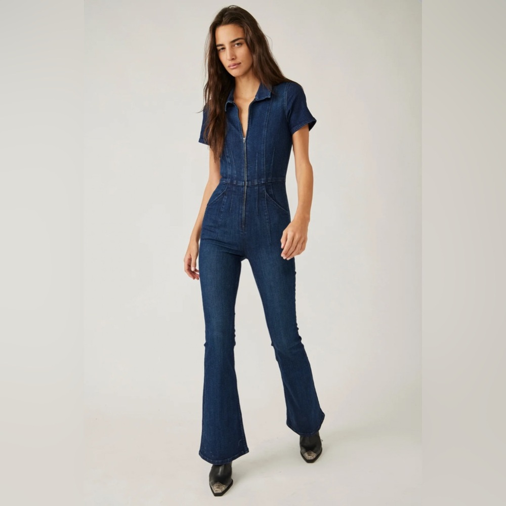 Free People We the Free Jayde Flare Blue Denim Jumpsuit